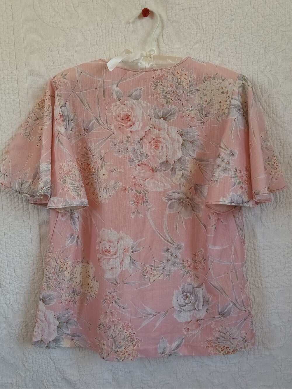 Vintage Blush Pink Floral V-Neck Flutter Sleeve Top Handmade 70s Crop Top Flowy - Picture 8 of 10